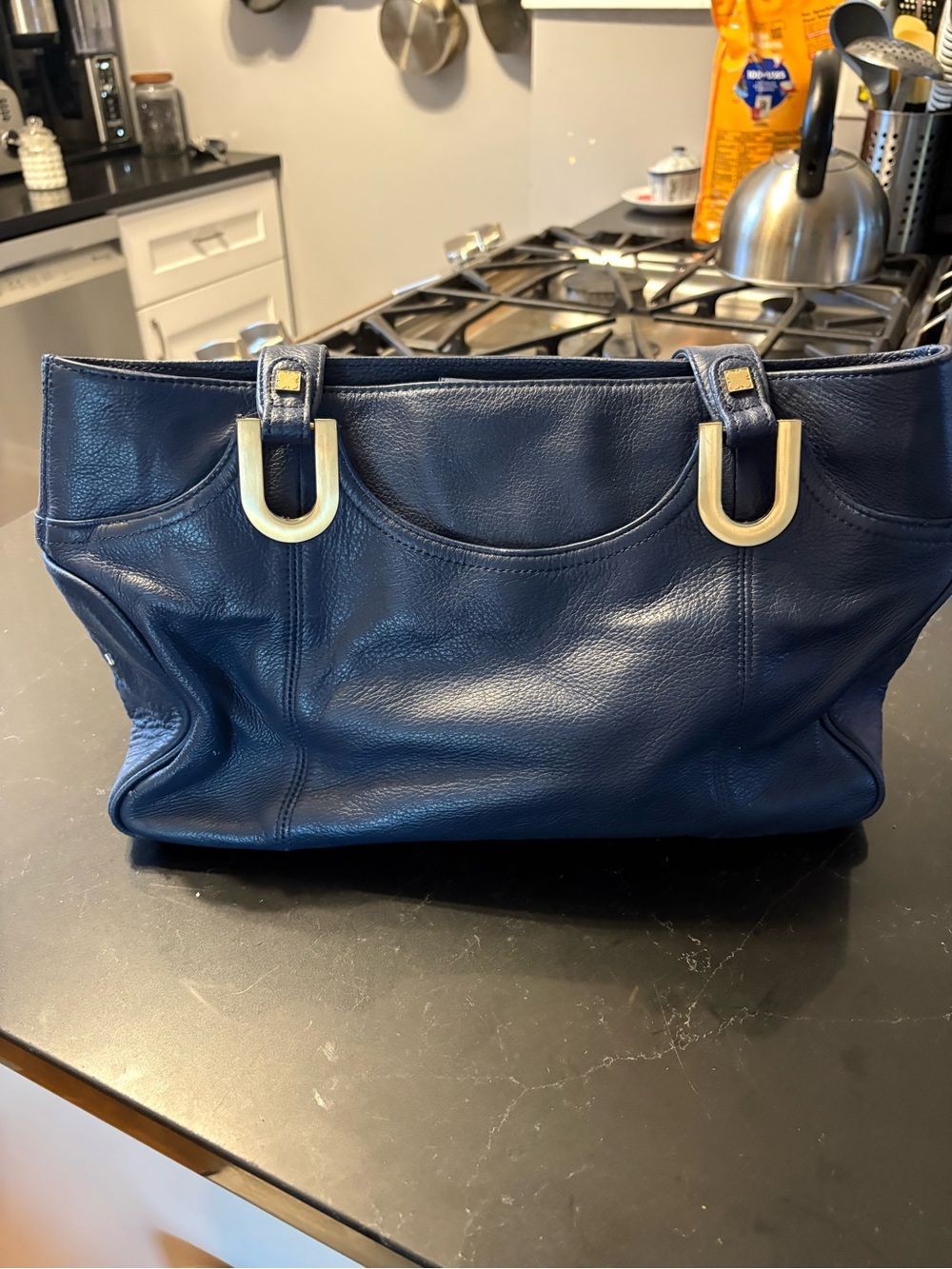 Liz Claiborne Navy Leather Tote Bag with Gold Hardware